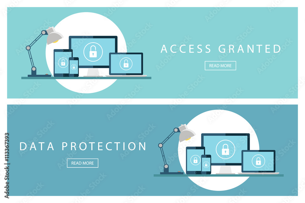 Poster Set of flat design concepts Access granted and Data protection. Banners for web design, marketing and promotion. Presentation templates. Vector illustration.