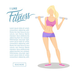 Fototapeta na wymiar I like fitness concept. Sporty young woman in sportswear with dumbbells. Workout and sport motivation. Web page template. Flat color vector illustration.