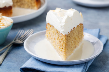 Three milk cake, tres leches cake with coconut. Traditional dessert of Latin America