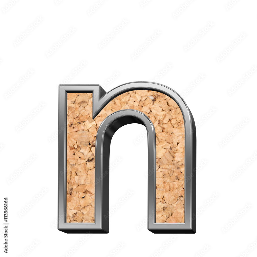 Fototapete one lower case letter from cork with silver shiny frame alphabet set, isolated on white. 3d illustra
