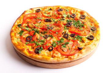 Pizza with olives, tomatoes and peperoni isolated on white