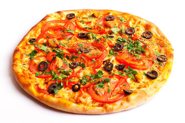 Pizza with olives, tomatoes and peperoni isolated on white