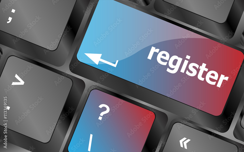 Poster the word register on a green computer keyboard key to illustrate e-commerce or signing up entering t