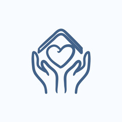 Hands holding roof of house and heart sketch icon.