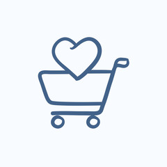 Shopping cart with heart sketch icon.