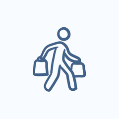 Man carrying shopping bags sketch icon.