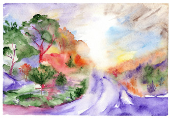 Watercolor violet road trees pines wood forest landscape