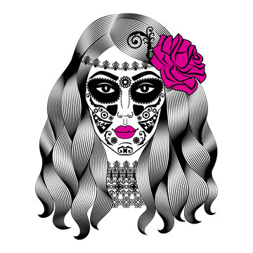 Beautiful woman with sugar skull makeup. Mexican Catrina skull