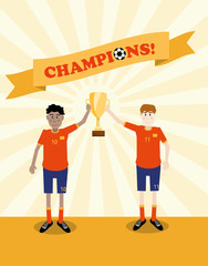 vector illustration of happy soccer players holding champions winner trophy cup