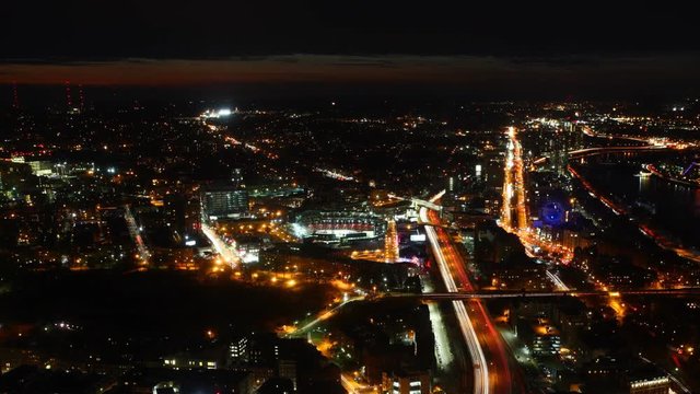 An Aerial timelapse view of the Boston Skyline at sunset