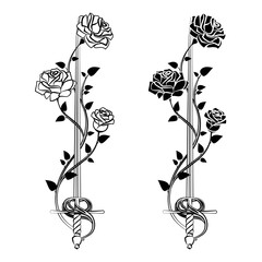 Decorative roses with sword. Blade entwined roses. Floral design - 113371179