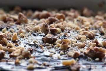 Delicious chocolate brownie. Close up of chocolate brownies. Delicious homemade chocolate cakes on top with walnuts. Shallow depth of field.
