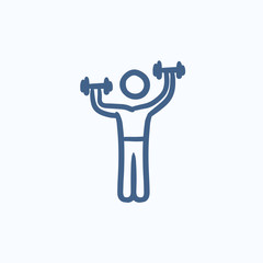 Man exercising with dumbbells sketch icon.