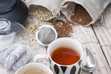 two cups 1 black tea rooibos and other fennel with teapot in the