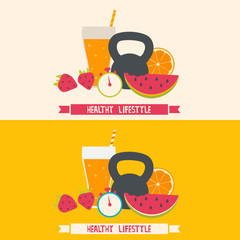 Healthy lifestyle modern flat illustration. Healthy food, sport, fitness, drink and diet.
