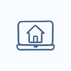 Laptop with home on the screen sketch icon.