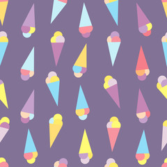 Seamless pattern with ice cream waffle cone, pastel colors. Vector illustration
