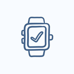 Smartwatch with check sign sketch icon.