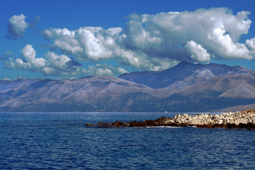 View to mountains in Albania from Corfu island, Greece