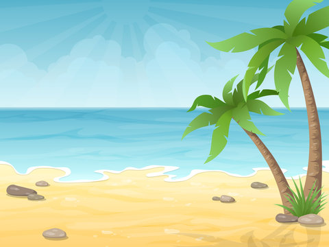 Tropical beach. Vacation nature background with palm tree, sand and sea.