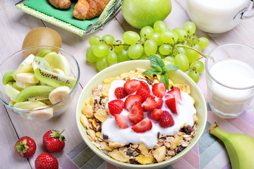 Breakfast with muesli, yogurt and fruit