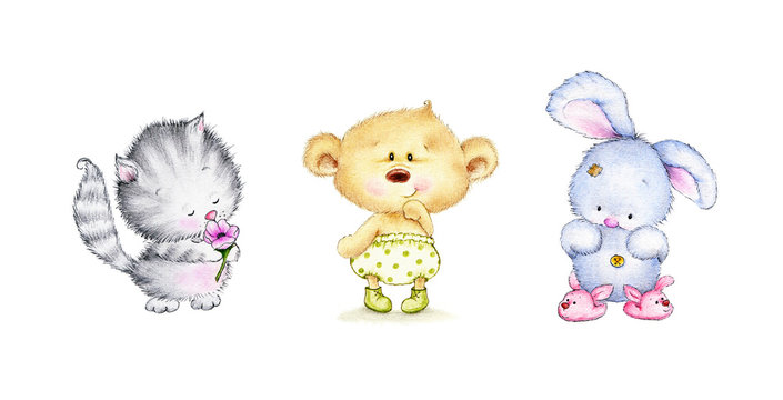 Set of 3 animals: kitten, Teddy bear, bunny