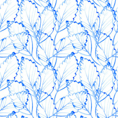 Floral seamless pattern with leaves.Blue linear foliage.Watercolor hand drawn illustration.White background.