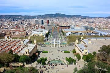 Aerial view on the magic fountain and Placa d'Espanya in Barcelona from top terrace of the National...