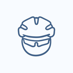 Man in bicycle helmet and glasses sketch icon.