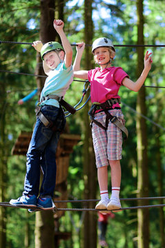 Happy children having fun in adventure park. Two active healthy teenage boys, twin brothers day outdoors climbing on the trees. Friendship and brotherhood concept.