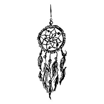 Monochrome black and white ethnic hand made feather dreamcatcher vector