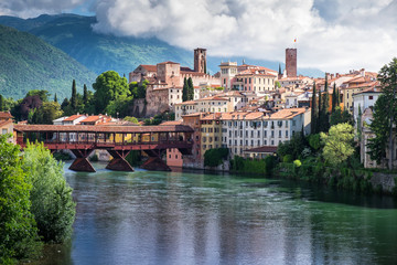 Beautiful view on the bridge of the Alpine in Bassano del Grappa, Veneto, Italy - obrazy, fototapety, plakaty