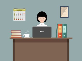 Web banner of an office worker. The woman is an employee at work. Vector flat illustration