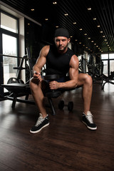 Fototapeta na wymiar Muscular Man Exercising Biceps With Dumbbells