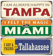 Vintage tin sign templates collection with USA cities