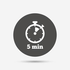 Timer sign icon. 5 minutes stopwatch symbol.