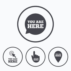 You are here icons. Info speech bubble sign.