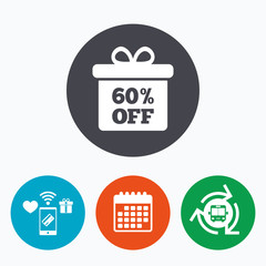 60 percent sale gift box tag sign icon.