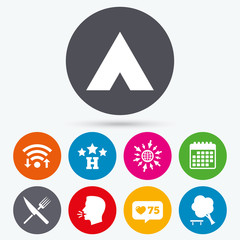 Food, hotel, camping tent and tree signs.