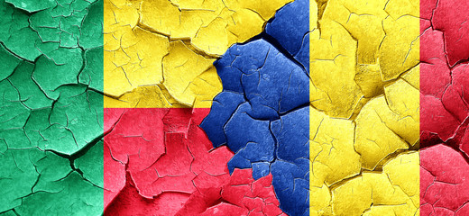Benin flag with Romania flag on a grunge cracked wall