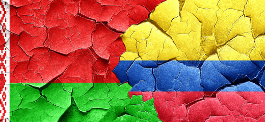 Belarus flag with Colombia flag on a grunge cracked wall
