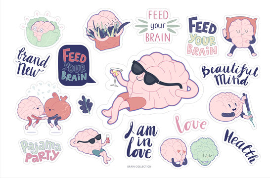 Brain sticker feed and leisure printable set, cartoon vector isolated images with cutting path and lettering, a part of Brain collection