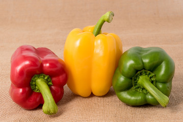Ripe vibrant colorful peppers on sackcloth