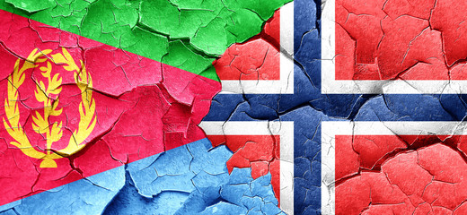 Eritrea flag with Norway flag on a grunge cracked wall