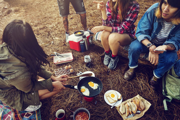 Friends Camping Morning Breakfast Cookking Concept
