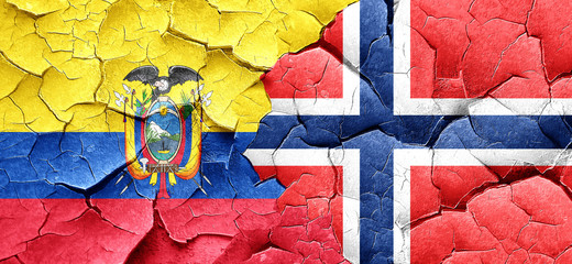 Ecuador flag with Norway flag on a grunge cracked wall
