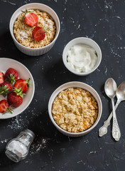 Sweet ricotta casserole with strawberry and cream. Tasty breakfast, snack or dessert