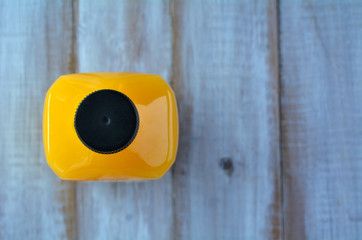 Flat lay of Orange juice bottle