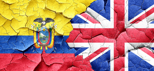 Ecuador flag with Great Britain flag on a grunge cracked wall