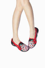 Dressed in a red embroidered shoes 